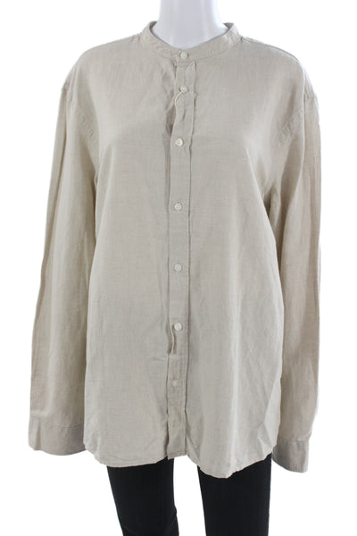 Zara Mens Band Solid Beige Linen Cotton Button-Up Long Sleeve Size L