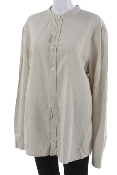 Zara Mens Band Solid Beige Linen Cotton Button-Up Long Sleeve Size L