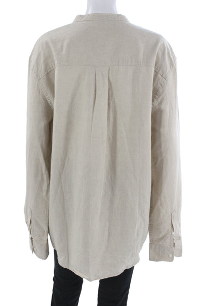 Zara Mens Band Solid Beige Linen Cotton Button-Up Long Sleeve Size L