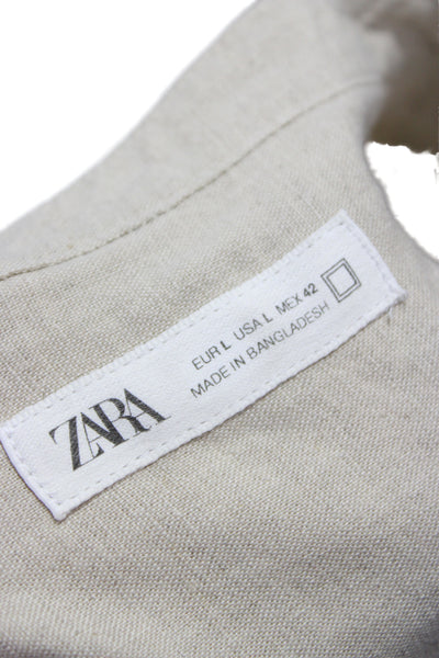 Zara Mens Band Solid Beige Linen Cotton Button-Up Long Sleeve Size L