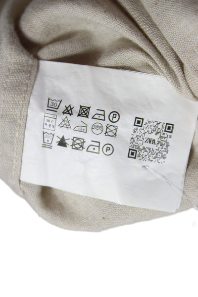 Zara Mens Band Solid Beige Linen Cotton Button-Up Long Sleeve Size L