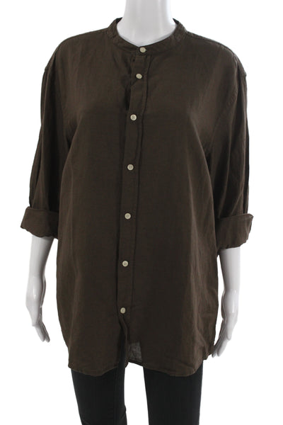 Zara Womens Tunic Button-Up Brown Linen Cotton High Neck 3/4 Sleeve Size L