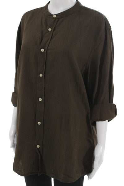 Zara Womens Tunic Button-Up Brown Linen Cotton High Neck 3/4 Sleeve Size L