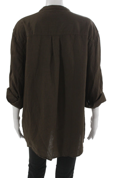 Zara Womens Tunic Button-Up Brown Linen Cotton High Neck 3/4 Sleeve Size L