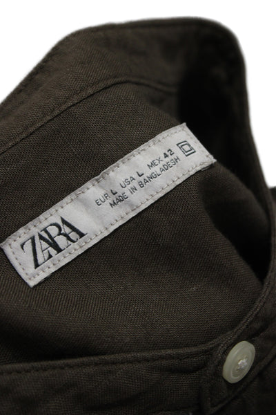 Zara Womens Tunic Button-Up Brown Linen Cotton High Neck 3/4 Sleeve Size L