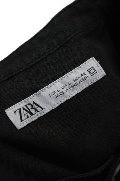 Zara Mens Linen Long Sleeves Button Down Shirt Black Size Large