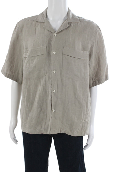 Zara Mens Linen Short Sleeves Button Down Shirt Beige Size Large
