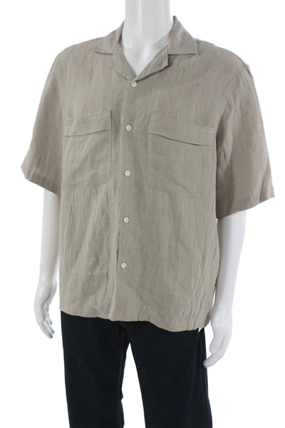 Zara Mens Linen Short Sleeves Button Down Shirt Beige Size Large