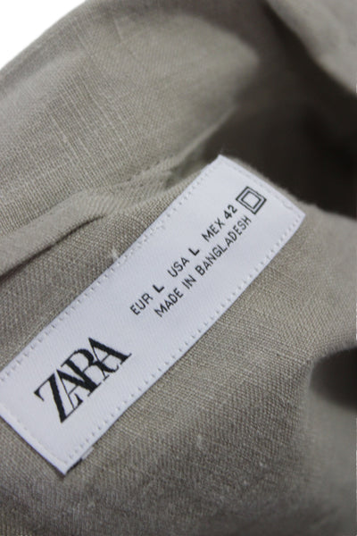 Zara Mens Linen Short Sleeves Button Down Shirt Beige Size Large