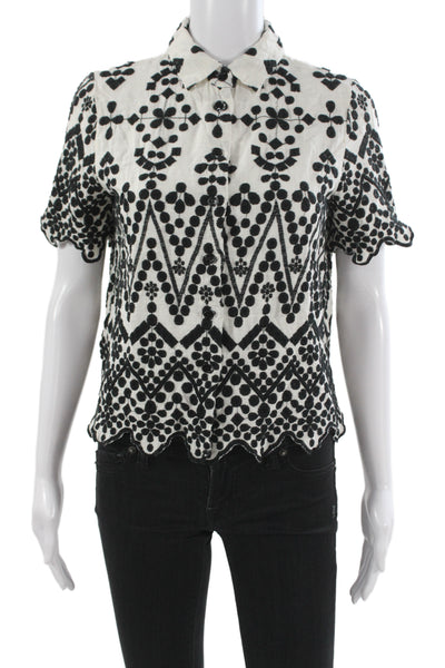 Zara Women Geometric Black Collared Button Up Blouse Short Sleeve Size M