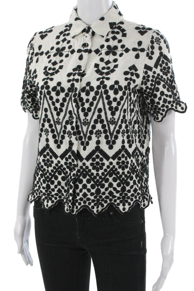 Zara Women Geometric Black Collared Button Up Blouse Short Sleeve Size M