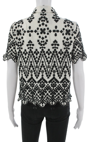 Zara Women Geometric Black Collared Button Up Blouse Short Sleeve Size M