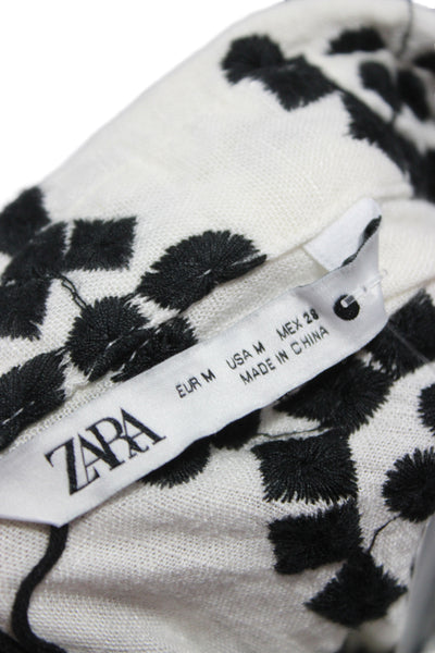 Zara Women Geometric Black Collared Button Up Blouse Short Sleeve Size M