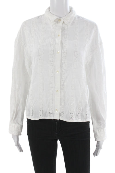 MNG Women Bohemian Collared White Cotton Button Up Long Sleeve Blouse Size 6