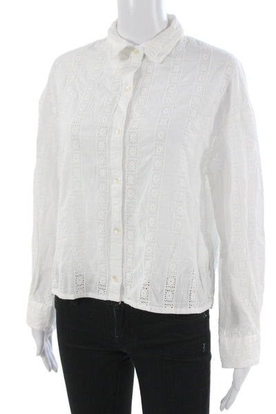 MNG Women Bohemian Collared White Cotton Button Up Long Sleeve Blouse Size 6