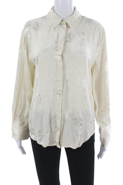 Zara Womens Beige Floral Collared Button Up Viscose Long Sleeve Blouse Size M