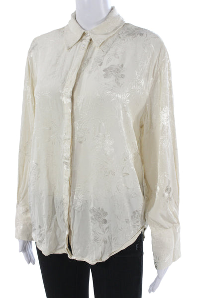 Zara Womens Beige Floral Collared Button Up Viscose Long Sleeve Blouse Size M