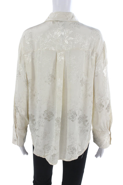 Zara Womens Beige Floral Collared Button Up Viscose Long Sleeve Blouse Size M