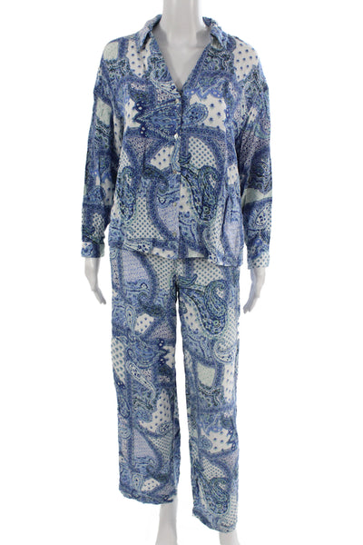 Zara Women Pajama Set Blue Viscose Paisley Collared Long Sleeve Size M