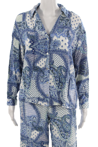 Zara Women Pajama Set Blue Viscose Paisley Collared Long Sleeve Size M