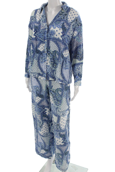 Zara Women Pajama Set Blue Viscose Paisley Collared Long Sleeve Size M
