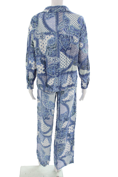 Zara Women Pajama Set Blue Viscose Paisley Collared Long Sleeve Size M