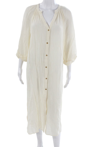 Zara Women Kaftan Shirt Dress Beige V-Neck 3/4 Sleeve Midi Size S