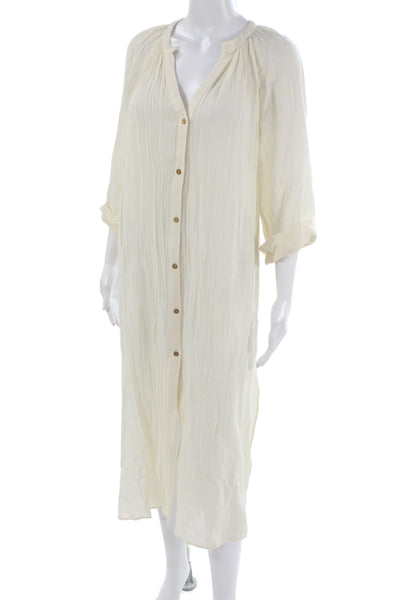 Zara Women Kaftan Shirt Dress Beige V-Neck 3/4 Sleeve Midi Size S