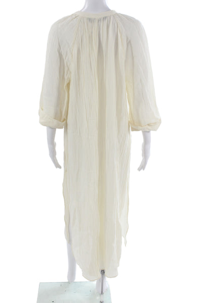 Zara Women Kaftan Shirt Dress Beige V-Neck 3/4 Sleeve Midi Size S
