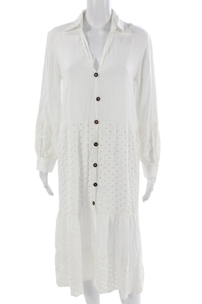 Palmacea Women Shirt Dress Maxi White Collared Long Sleeve Rayon Button Size S