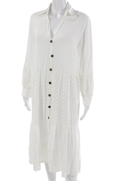 Palmacea Women Shirt Dress Maxi White Collared Long Sleeve Rayon Button Size S