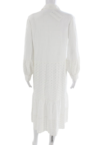 Palmacea Women Shirt Dress Maxi White Collared Long Sleeve Rayon Button Size S