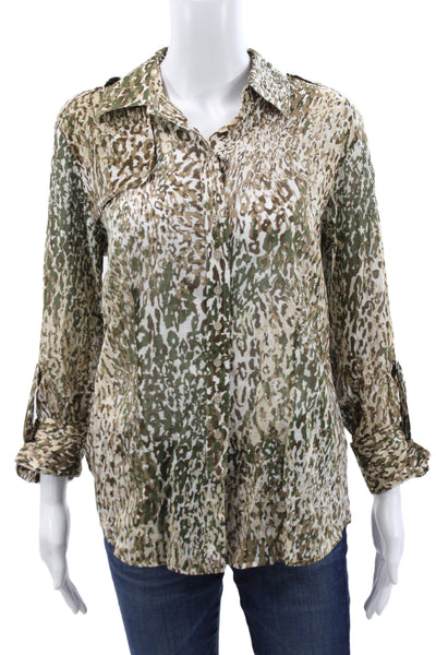Paper White Women Collared Camouflage Button Up Cotton Blouse Beige Size 10
