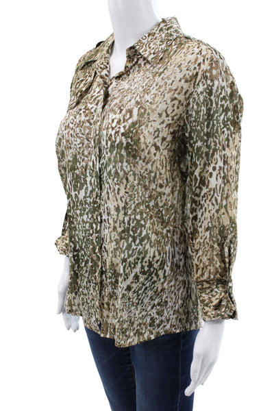 Paper White Women Collared Camouflage Button Up Cotton Blouse Beige Size 10