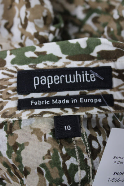 Paper White Women Collared Camouflage Button Up Cotton Blouse Beige Size 10