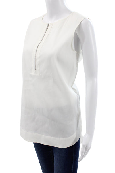 Lafayette 148 New York Women Sleeveless White Blouse Round Neck Zip Size M