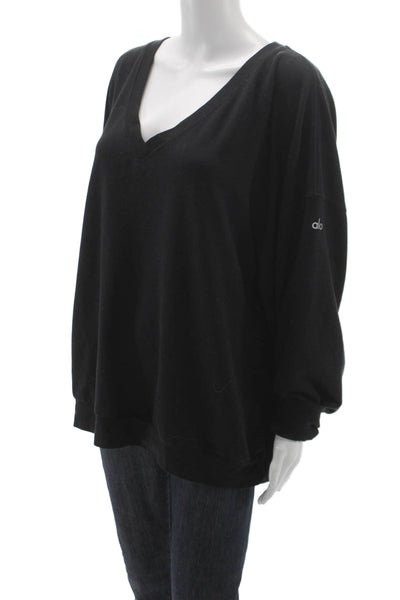 Alo Yoga Womens V Neck Pullover Sweatshirt Black Long Sleeve Size L