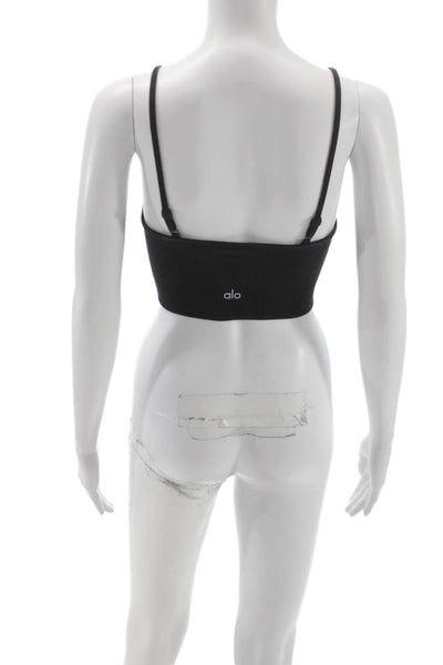 Alo Yoga Womens Spaghetti Strap Ribbed Knit Logo Sports Bra Black Size Medium
