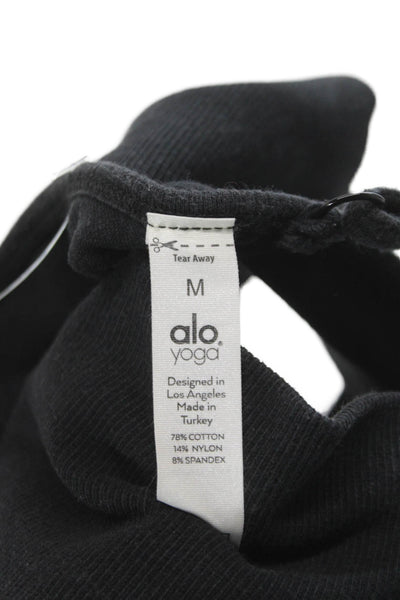 Alo Yoga Womens Spaghetti Strap Ribbed Knit Logo Sports Bra Black Size Medium