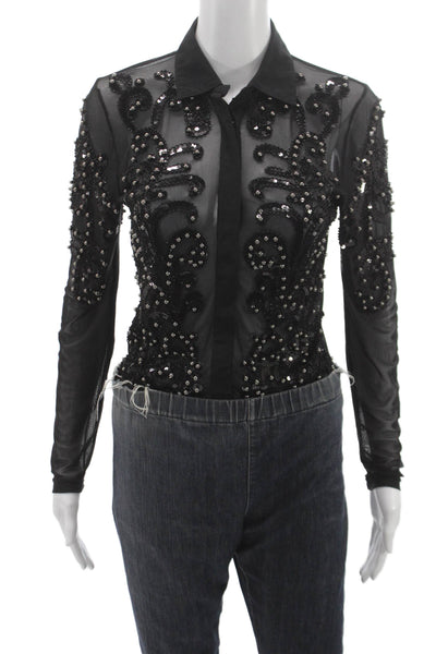 Drole De Copine Womens Black Button Up Blouse Long Sleeve Collared Size M