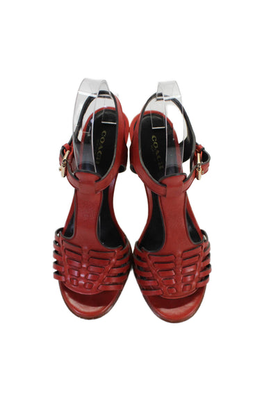 Coach Womens Leather Ankle Strap High Heels Shoes Red Orange Size 6.5B