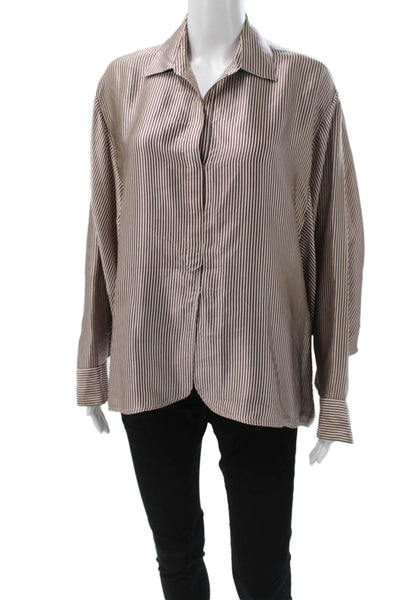 Elizabeth & James Womens Beige Striped Long Sleeve Button Up Blouse Size M