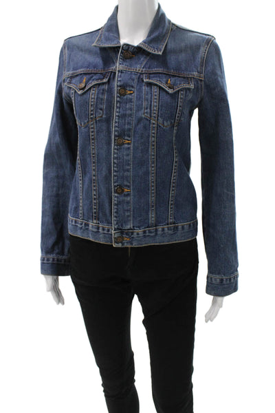 Earl Jean Womens Dark Blue Collared Button Solid Long Sleeve 90s Jacket Size M