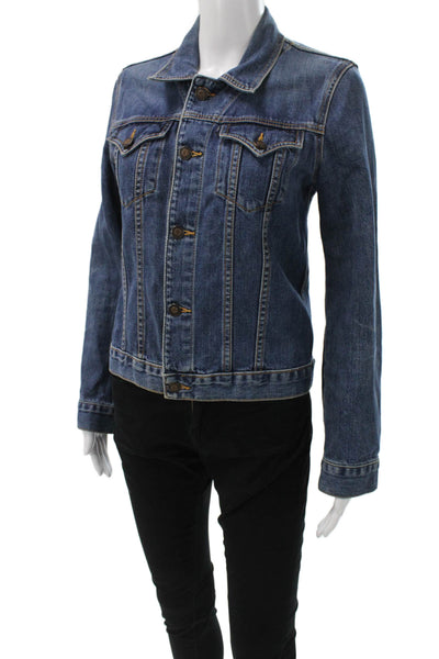 Earl Jean Womens Dark Blue Collared Button Solid Long Sleeve 90s Jacket Size M