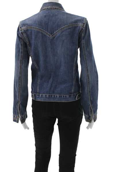 Earl Jean Womens Dark Blue Collared Button Solid Long Sleeve 90s Jacket Size M
