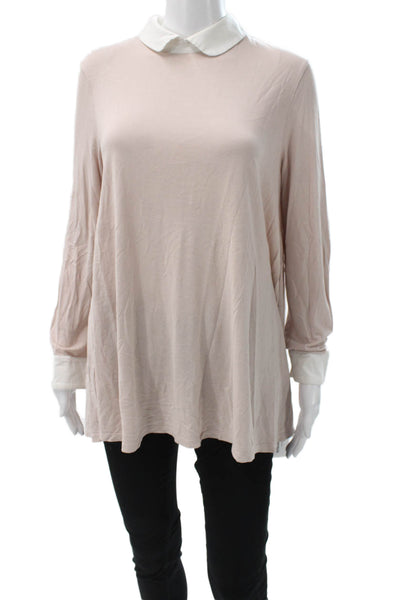 Me + Em Women Jersey Tunic Blouse Collared Long Sleeve Beige Size M