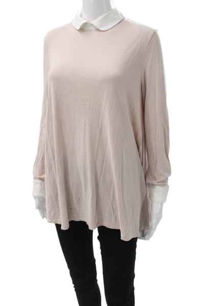Me + Em Women Jersey Tunic Blouse Collared Long Sleeve Beige Size M