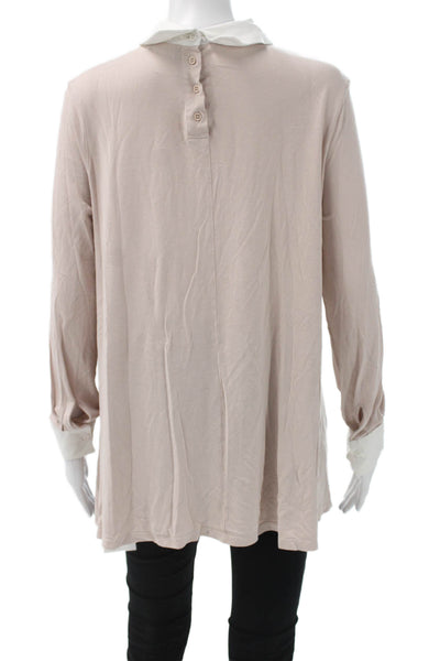 Me + Em Women Jersey Tunic Blouse Collared Long Sleeve Beige Size M