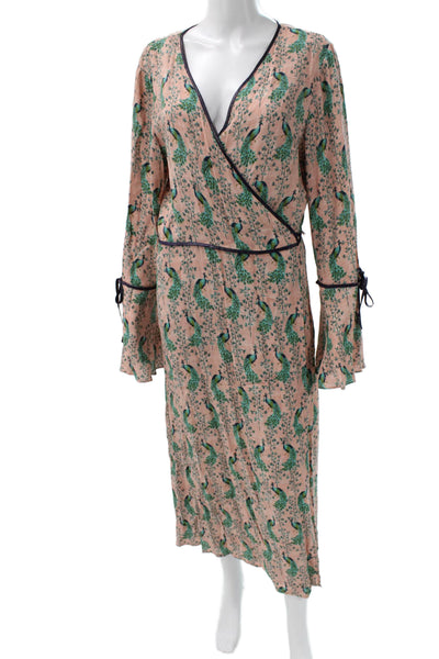 Topshop Women Beige Animal Print Wrap Dress Long Sleeve V-Neck Size 12