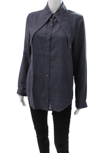 Sophyline Women Collared Button-Up Blouse Dark Blue Rayon Blend L/S Size S